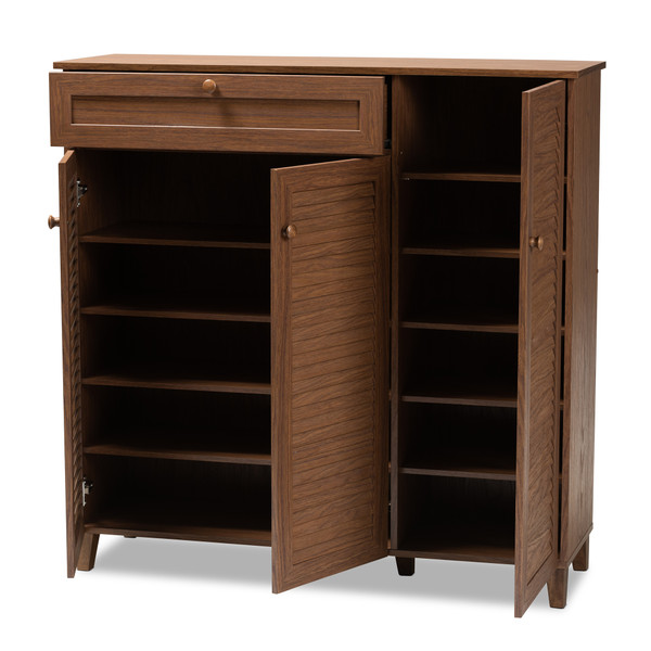 Baxton Coolidge Modern And Contemporary Walnut Finished 11-Shelf Wood Shoe Storage Cabinet With Drawer FP-05LV-Walnut