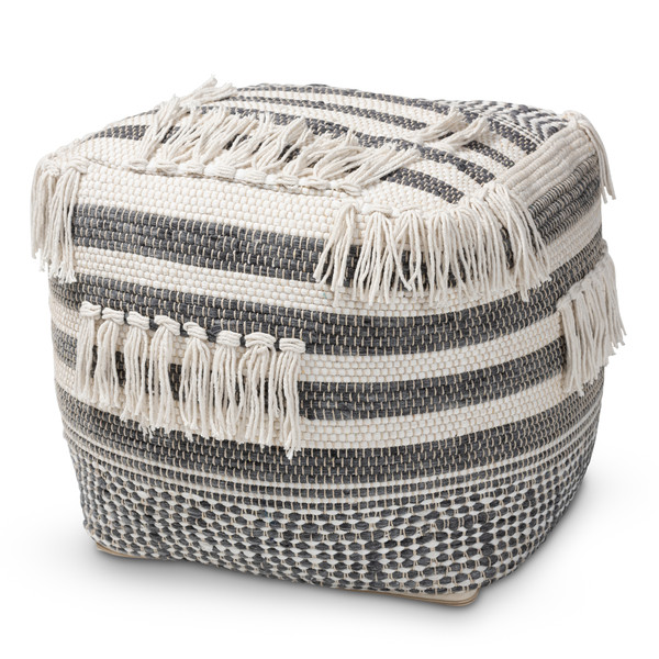 Baxton Kirby Moroccan Inspired Grey And Ivory Handwoven Cotton Pouf Ottoman Kirby-Ivory/Grey-Pouf