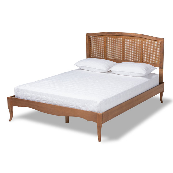 Baxton Marieke Vintage French Inspired Ash Wanut Finished Wood And Synthetic Rattan Full Size Platform Bed MG97132-Ash Walnut Rattan-Full