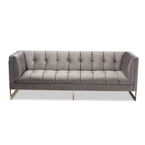 Baxton Ambra Glam And Luxe Grey Velvet Fabric Upholstered And Button Tufted Sofa With Gold-Tone Frame TSF-5507-Grey/Gold-SF