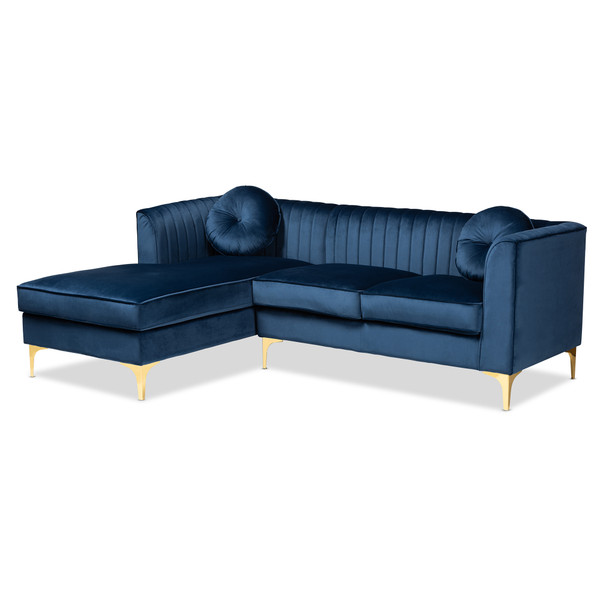 Baxton Giselle Glam And Luxe Navy Blue Velvet Fabric Upholstered Mirrored Gold Finished Left Facing Sectional Sofa With Chaise TSF-6636-Navy Blue/Gold-LFC