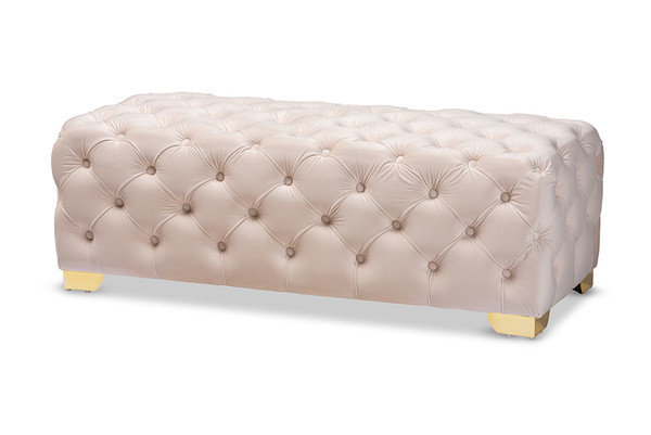 Baxton Avara Glam And Luxe Light Beige Velvet Fabric Upholstered Gold Finished Button Tufted Bench Ottoman TSFOT028-Light Beige/Gold-Otto