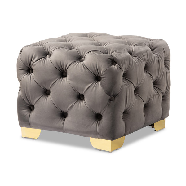 Baxton Avara Glam And Luxe Gray Velvet Fabric Upholstered Gold Finished Button Tufted Ottoman TSFOT029-Slate Grey/Gold-Otto