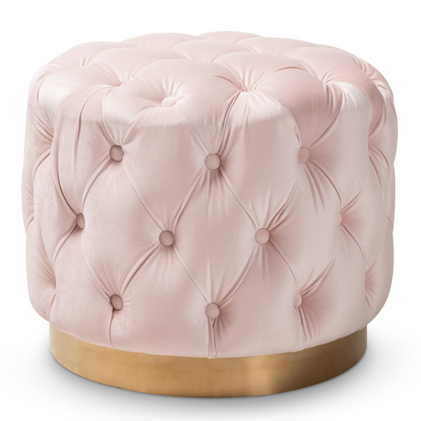 Baxton Valeria Glam Light Pink Velvet Fabric Upholstered Gold-Finished Button Tufted Ottoman TSFOT030-Light Pink/Gold-Otto