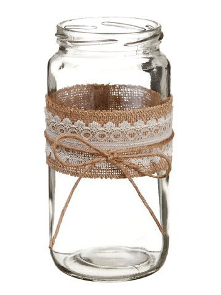 7.5" Glass Vase With Lace And Burlap Clear 12 Pieces ACG332-CW