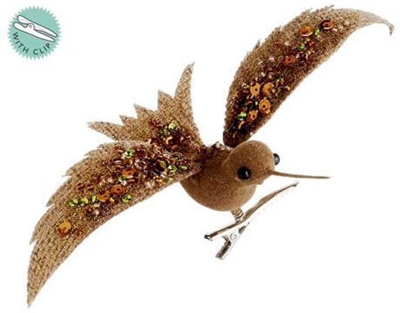 7" Sequin Burlap Humming Bird W/Clip Brown Green 12 Pieces BBC192-BR/GR