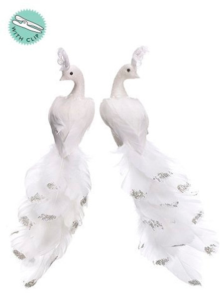 11" Glittered Feather Bird With Clip (2 Ea/Set) White 6 Pieces BXC746-WH