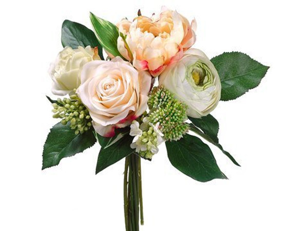 11" Peony/Rose/Lilac Bouquet Peach Green 6 Pieces FBQ043-PE/GR
