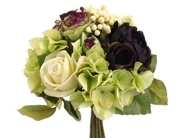 11" Rose/Ranunculus/Hydrangea Bouquet Green Plum 6 Pieces FBQ380-GR/PL