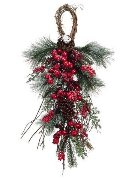 26" Snowed Berry/Pine Cone/Berry/Pine Door Swag Red Snow 2 Pieces XBI693-RE/SN