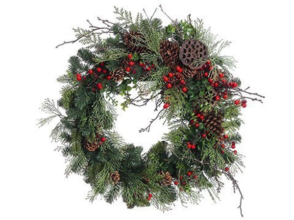 24"Mixed Pine/Cone/Berry Wreath Green Red 2 Pieces XDW791-GR/RE