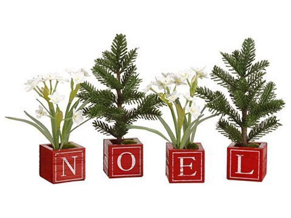 10"H Paperwhite/Mini Pine Tree In Noel Wood Box (4 Ea/Set) White Green 6 Pieces XLF280-WH/GR