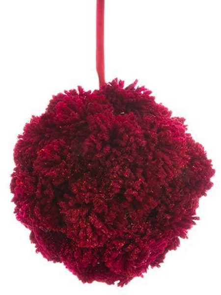 6" Glittered Pompom Ball Ornament Burgundy 6 Pieces XN9207-BU