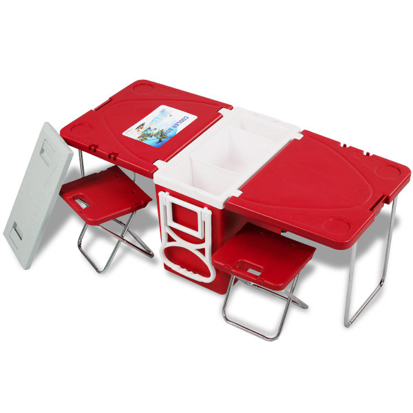 Multi Functional Rolling Picnic Cooler W/ Table & 2 Chairs-Red HW51118RE