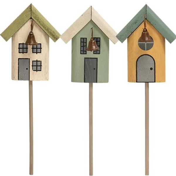 Wooden House Stake Asst. (Pack Of 3) G34231 By CWI Gifts