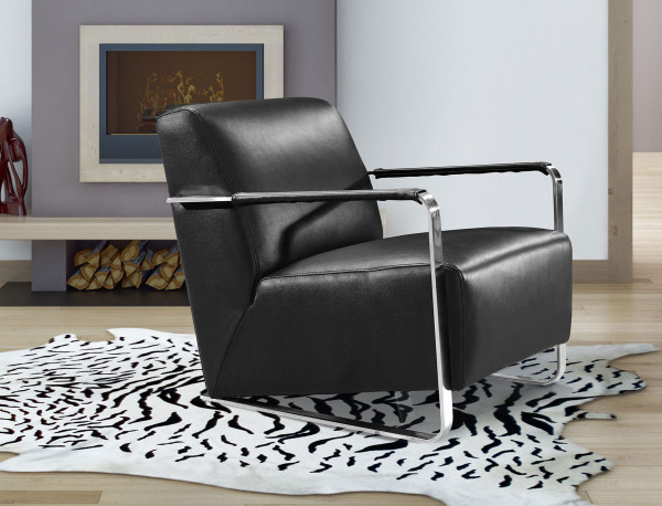 Homeroots 28" Black Leather, Foam, And Stainless Steel Lounge Chair 282519