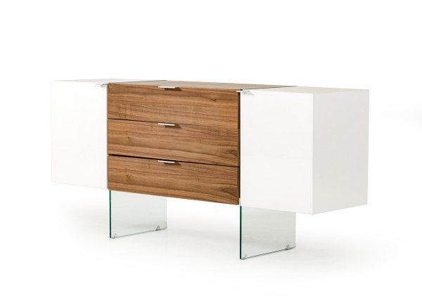 Homeroots 30" White And Walnut Veneer, Mdf, Glass, And Steel Floating Buffet 283349