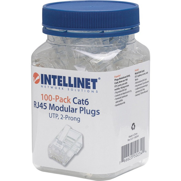 Intellinet Network Solutions Cat6 Rj45 Modular Plugs, 2-Prong, Utp, For Stranded Wire, 100 Plugs In Jar 502344 By Intellinet Network Solutions