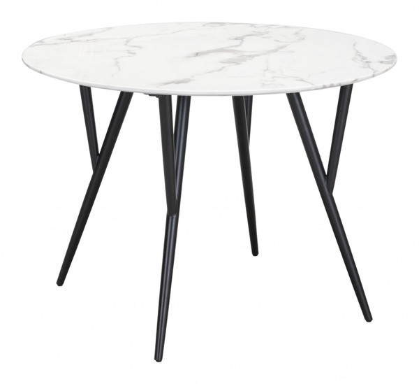 Homeroots 42.1" X 42.1" X 29.9" Stone & Matte Black, Faux Marble, Steel, Dining Table 364443