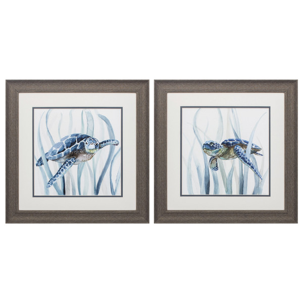 Homeroots 19" X 19" Distressed Wood Toned Frame Turtle In Grass (Set Of 2) 365278