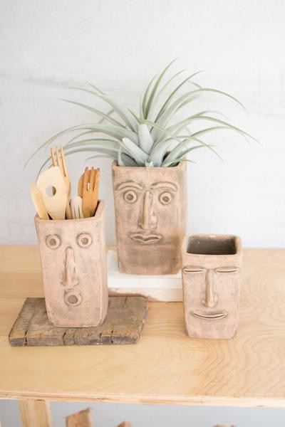 Set Of Three Square Clay Face Planters H3726 By Kalalou