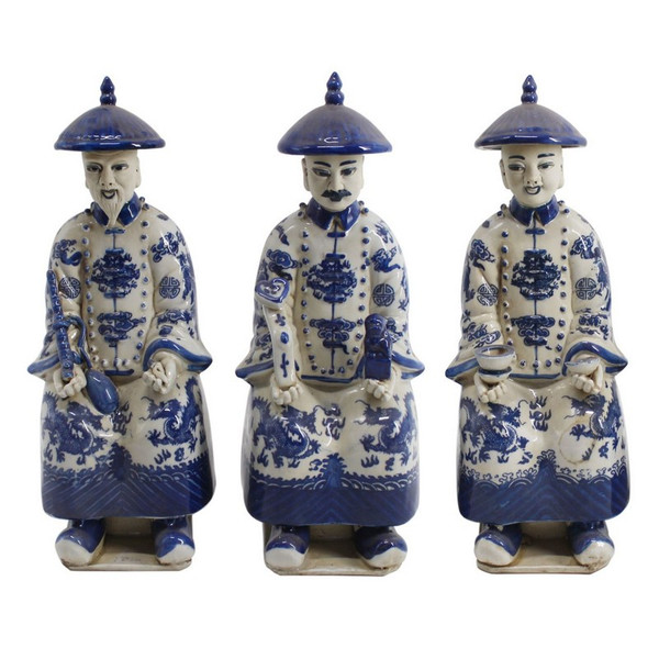 Blue & White Sitting Qing Emperors Of 3 Generations - Set 1002