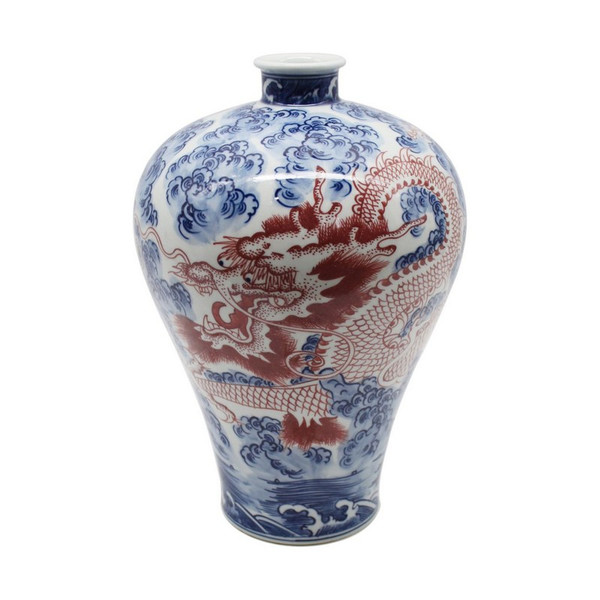 Blue & White Plum Vase With Cooper Red Dragon 1228-1 By Legend Of Asia