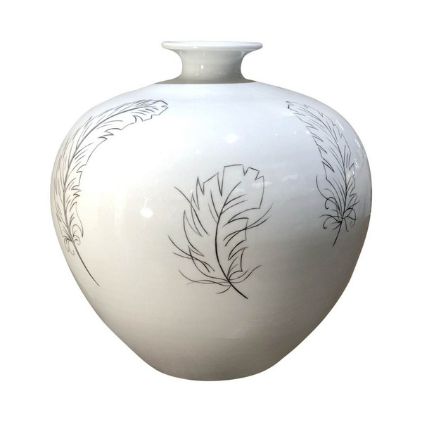 White Pomegranate Vase With Black Feathers 1291 By Legend Of Asia