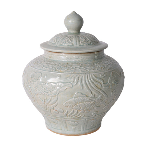 Sage Green Embossed Fish Porcelain Ginger Jar 1320 By Legend Of Asia