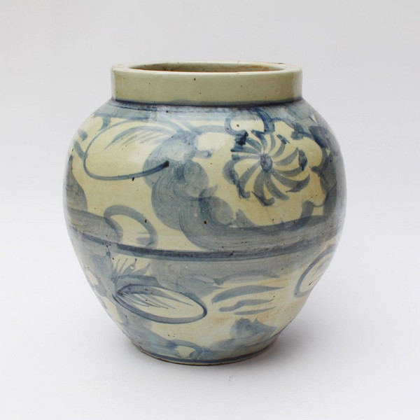 Blue & White Twisted Flower Wide Mouth Porcelain Jar 1386-BW