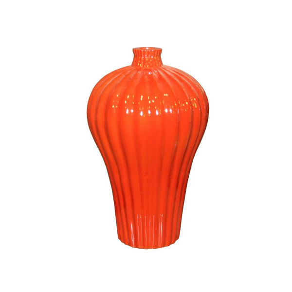 Fluted Lidded Prunus Porcelain Vase - Orange Crackle 1745-OC