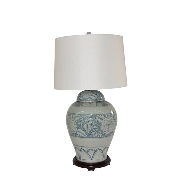 Blue And White Porcelain Lidded Peony Jar Lamp Wood Base L1480-BW-W By Legend Of Asia