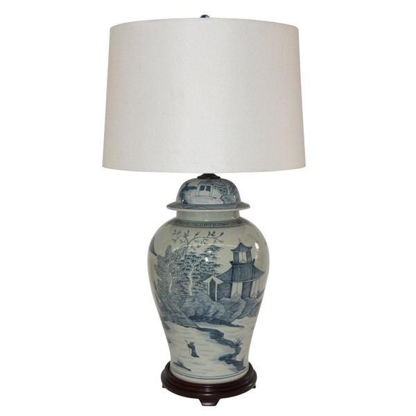 Blue And White Porcelain Landscape Temple Jar Lamp Wood Base L1587W By Legend Of Asia