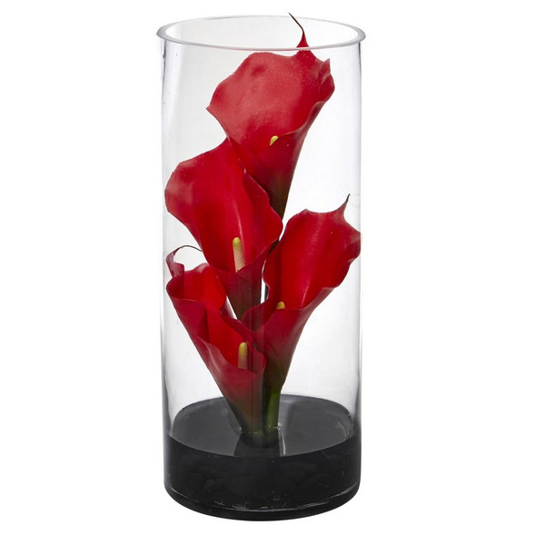 14" Calla Lily Artificial Arrangement In Cylinder Glass 1522-RD By Nearly Natural