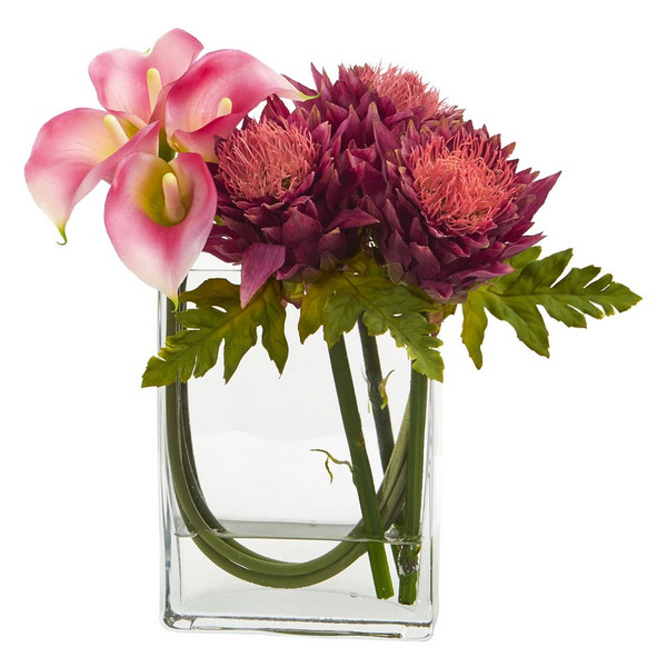 12'' Calla Lily And Artichoke In Rectangular Glass Vase Artificial Arrangement 1534-PM By Nearly Natural