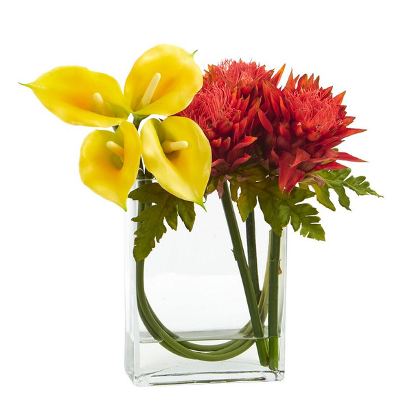 12'' Calla Lily And Artichoke In Rectangular Glass Vase Artificial Arrangement 1534-YO By Nearly Natural