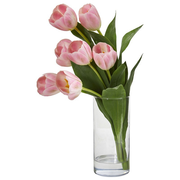 Tulip Artificial Arrangement In Cylinder Vase 1574-PK By Nearly Natural