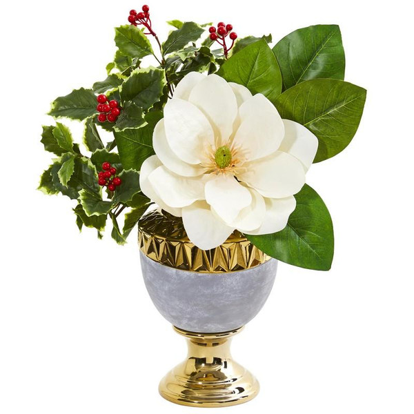 Magnolia And Holly Leaf Artificial Arrangement In Stoneware Urn 1984 By Nearly Natural