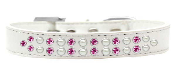 Two Row Pearl And Pink Crystal Size 12 White Dog Collar 613-05 WT-12 By Mirage