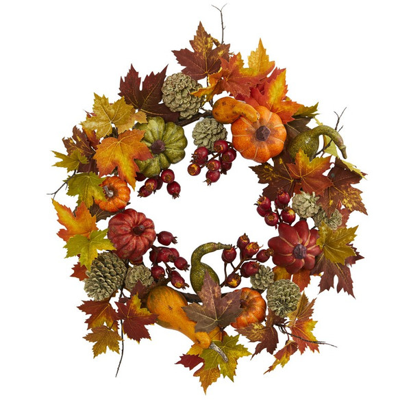 24" Pumpkin, Gourd, Berry And Maple Leaf Wreath
 4163 By Nearly Natural