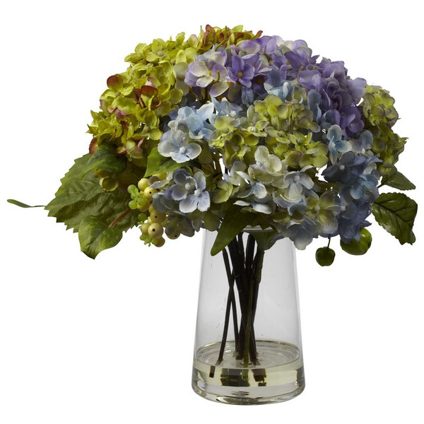 Hydrangea With Glass Vase Arrangement 4935 By Nearly Natural
