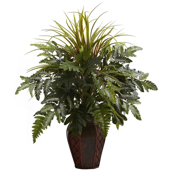 Mixed Grass & Fern With Decorative Planter 6754 By Nearly Natural