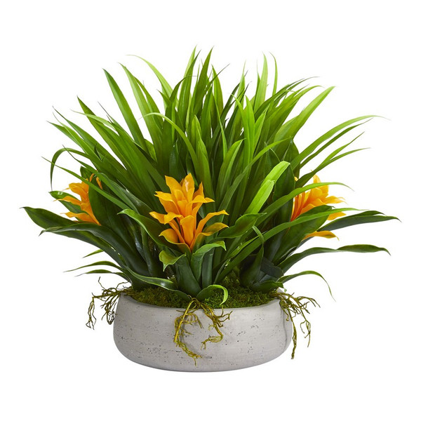 16" Bromeliad & Grass Artificial Plant In Ceramic Vase 8050-YL By Nearly Natural