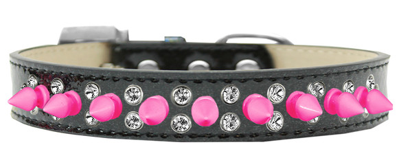Double Crystal And Bright Pink Spikes Dog Collar Black Ice Cream Size 16 635-2 BK16 By Mirage