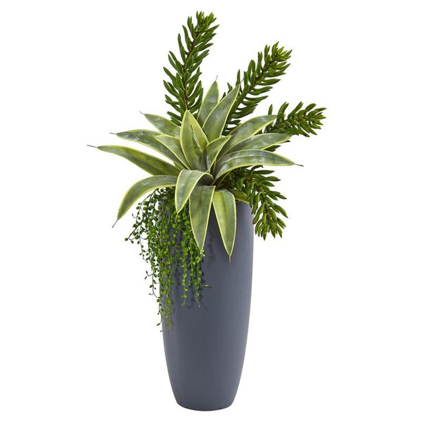 33" Sanseveria And Succulent Artificial Plant In Gray Planter 8714 By Nearly Natural
