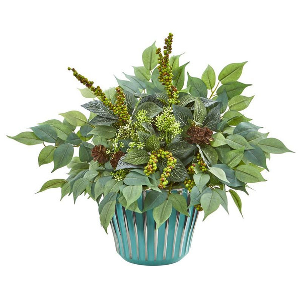 15" Mixed Fittonia And Ficus Artificial Plant In Turquoise Vase 8732 By Nearly Natural