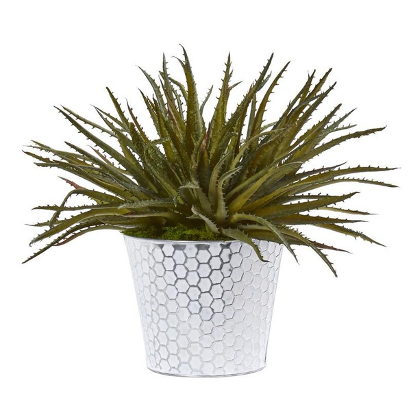13" Aloe Artificial Plant In White Embossed Planter 8896 By Nearly Natural