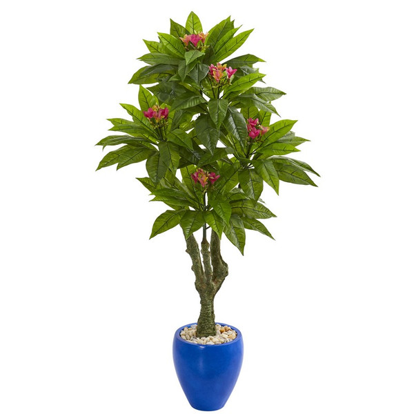 5' Plumeria Artificial Tree In Decorative Blue Planter Uv Resistant (Indoor/Outdoor) 9056 By Nearly Natural