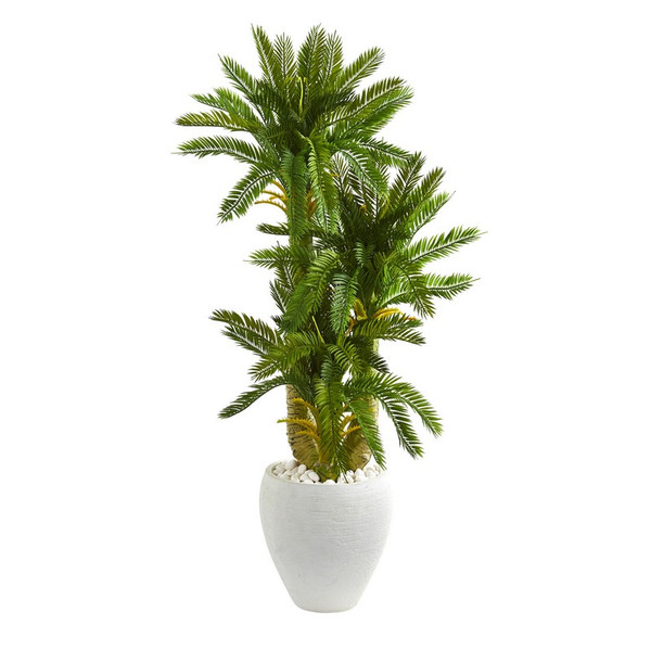 4' Triple Cycas Artificial Plant In White Planter 9197 By Nearly Natural