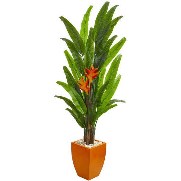 6.5' Heliconia Artificial Plant In Orange Planter 9213 By Nearly Natural